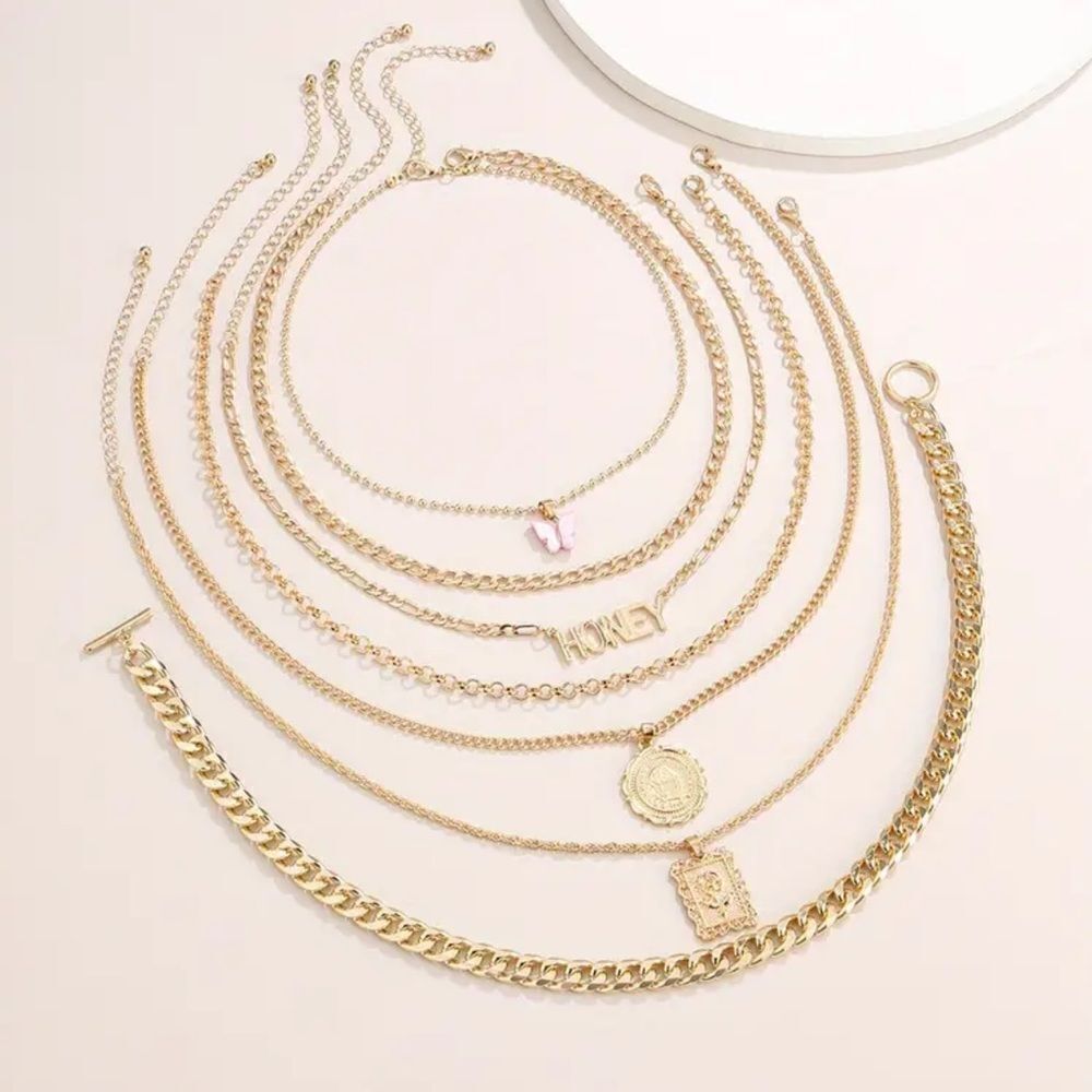 Gold and Pink 7 Layered Necklace with Pendant Details - Picture 2 of 7